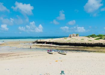 a beach with boats and people